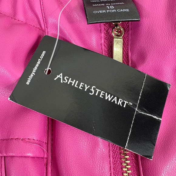 Ashley Stewart NEW Womens Faux Leather Jacket Peplum Zip Front Fuchsia‎ Pink 18 - Picture 7 of 14